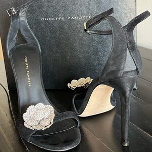 Giuseppe Zanotti Black Heels with Crystal Floral Accent